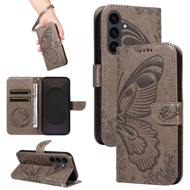 Funda de piel con relieve de mariposa para Samsung Galaxy S25 FE 5G (gris)