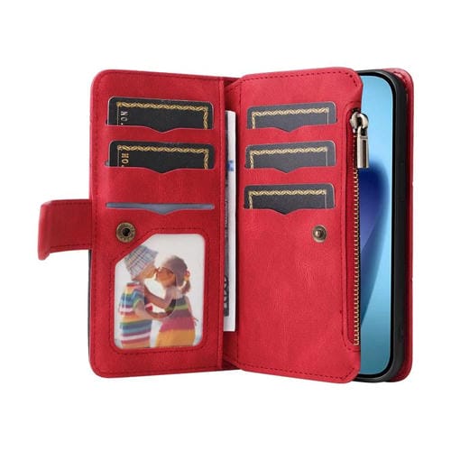 Funda de cuero con cremallera para iPhone 17 Air, bicolor, con 9 ranuras para tarjetas (roja)