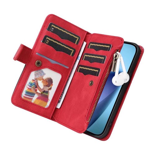 Funda de cuero con cremallera para iPhone 17 Air, bicolor, con 9 ranuras para tarjetas (roja)