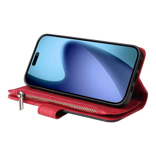 Funda de cuero con cremallera para iPhone 17 Air, bicolor, con 9 ranuras para tarjetas (roja)