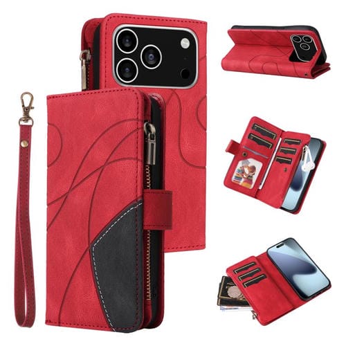 Funda de cuero con cremallera para iPhone 17 Pro, bicolor, con 9 ranuras para tarjetas (roja)