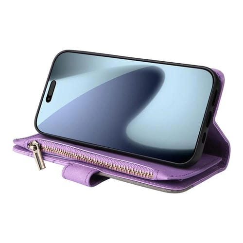 Funda de cuero con cremallera para iPhone 17 Pro, bicolor, con 9 ranuras para tarjetas (morado)