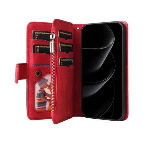 Funda de cuero con cremallera para iPhone 17 Pro Max, bicolor, con 9 ranuras para tarjetas (roja)