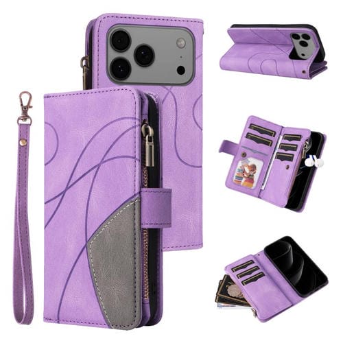 Funda de cuero con cremallera para iPhone 17 Pro Max, bicolor, con 9 ranuras para tarjetas (morado)