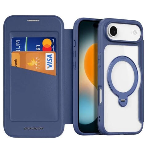 Funda de cuero con soporte para anillo MagSafe para iPhone 17 Air DUX DUCIS Skin X Pro Series (azul)