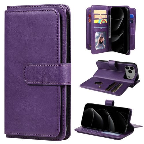 Funda de cuero multifunción tipo billetera con 10 ranuras para tarjetas para iPhone 17 Pro Max (violeta)