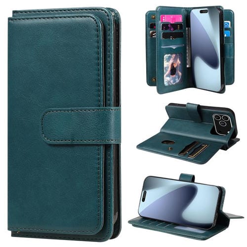 Funda de cuero multifunción tipo billetera para iPhone 17 Pro con 10 ranuras para tarjetas (verde oscuro)