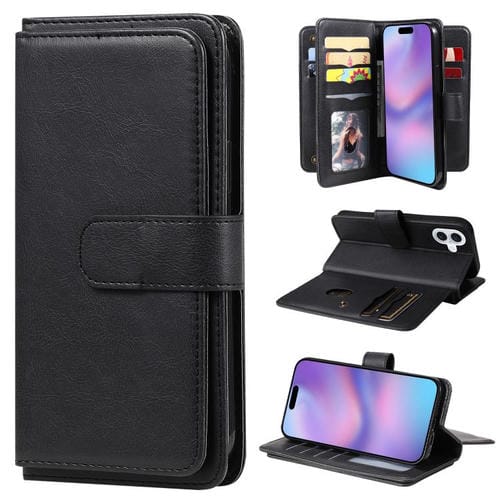 Funda de cuero multifunción tipo billetera para iPhone 17 con 10 ranuras para tarjetas (negra)