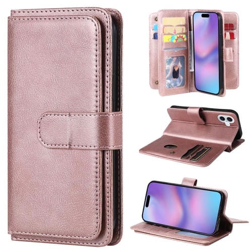 Funda de cuero multifunción tipo billetera para iPhone 17 con 10 ranuras para tarjetas (oro rosa)