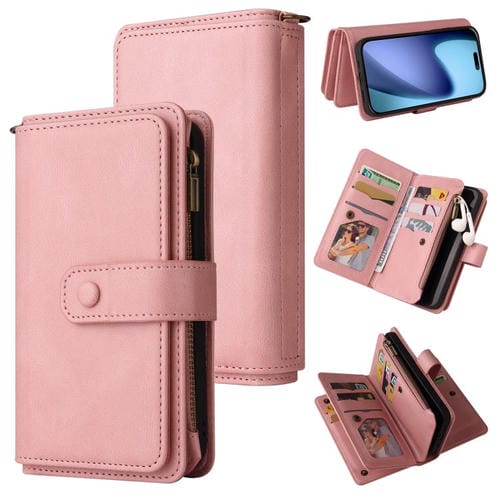 Funda de cuero tipo billetera con cremallera y ranuras para tarjetas Air Skin Feel para iPhone 17 (rosa)