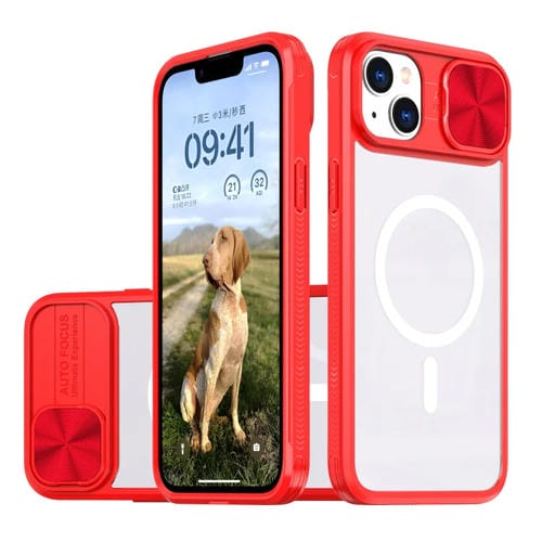 Funda para iPhone 14 Plus Acrílico Transparente PC TPU Magsafe Cubierta Lente (Rojo Chino)