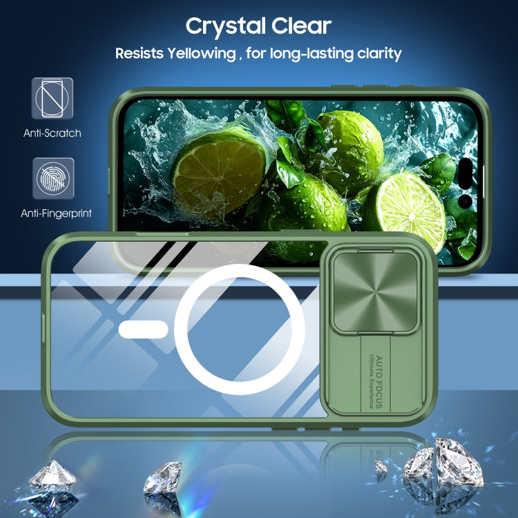 Funda para iPhone 16 Pro cubierta deslizante acrílico Transparente PC TPU Magsafe (Verde Oliva)