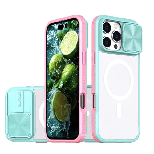 Funda para iPhone 16 Pro Cubierta Deslizante Acrílico Transparente PC TPU Magsafe (Azul + Rosa)