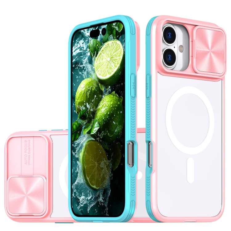 Funda para iPhone 16 Plus con Cobertura Total Cubierta Deslizante Lente Magsafe (Rosa + Cian)