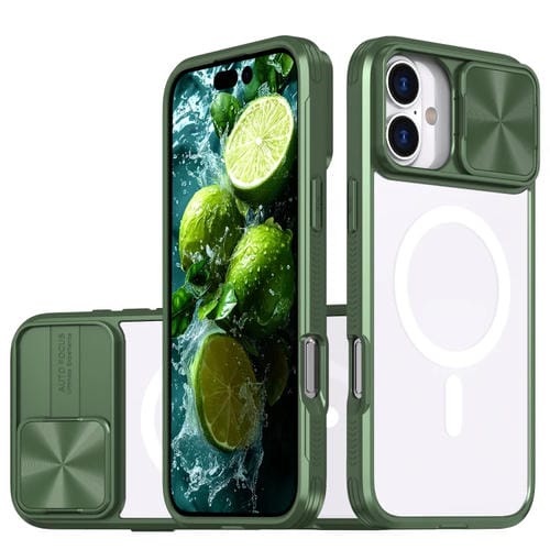 Funda para iPhone 16 Plus Cubierta Deslizante Acrílico Transparente PC TPU Magsafe (Verde Oliva)