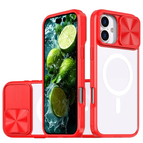 Funda para iPhone 16 Cubierta Deslizante Acrílico Transparente PC TPU Lente Magsafe (Rojo Chino)