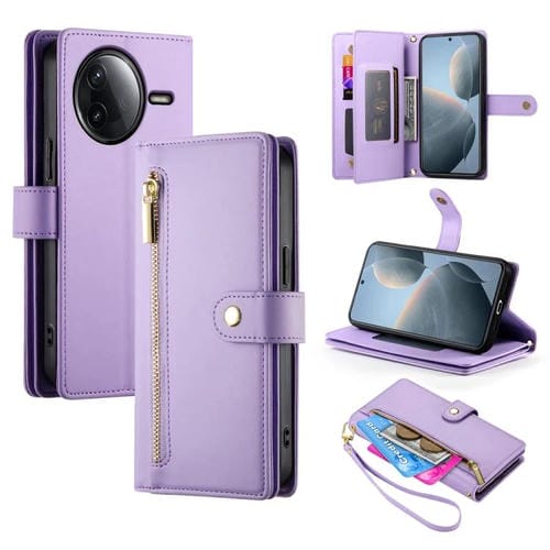 Funda de cuero con cremallera y ranura para tarjetas para Redmi K80/K80 Pro (morado)