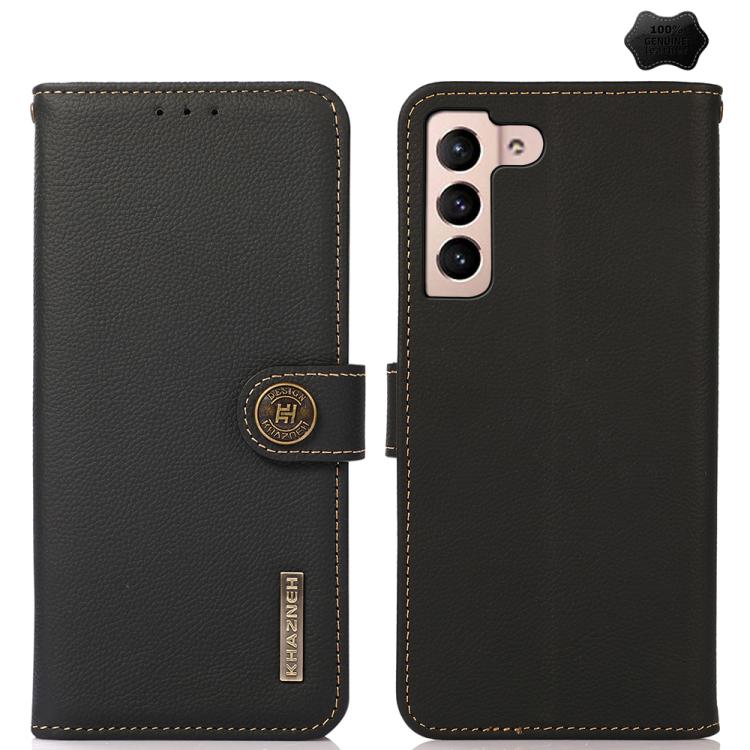 Funda de cuero genuino KHAZNEH Custer RFID para Samsung Galaxy S25 FE 5G (negra)