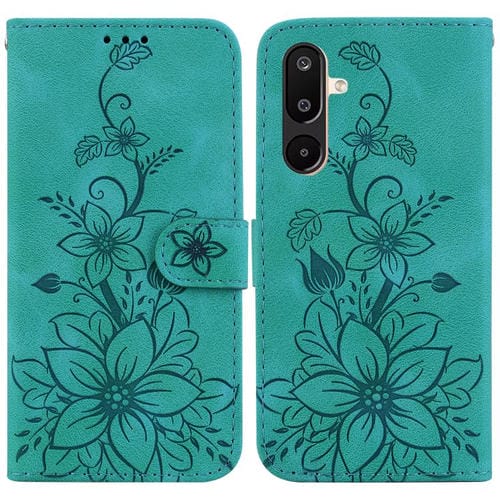 Funda de piel con relieve de lirio para Samsung Galaxy M16 5G / F16 5G / M36 5G (verde)