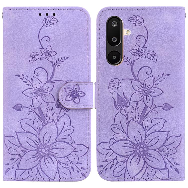 Funda de piel con relieve de lirio para Samsung Galaxy M16 5G / F16 5G / M36 5G (morada)