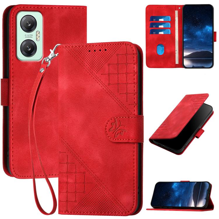 Funda de Cuero Infinix Hot 20 5G con Diseño Mariposa En Relieve y Cordón (Rojo)