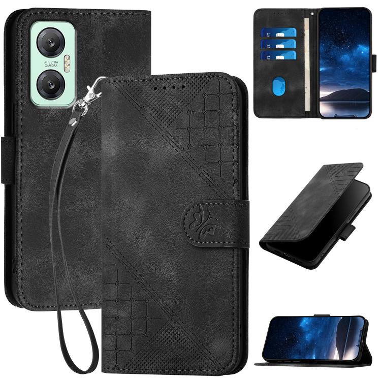 Funda de Cuero Infinix Hot 20 5G con Diseño Mariposa en Relieve y Cuadrícula con Cordón (Negro)