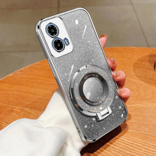 Funda de Teléfono TPU con Soporte Redondo y Purpurina Degradada para Motorola Moto G34 (Plateada)