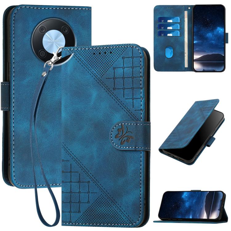 Funda de Cuero Huawei Enjoy 50 Pro Nova Y90 con Diseño Mariposa En Relieve y Cordón (Azul Oscuro)