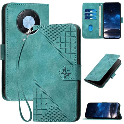 Funda de Cuero Huawei Enjoy 50 Pro Nova Y90 con Diseño Mariposa Relieve y Cordón (Azul Claro)
