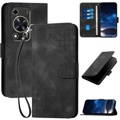 Funda de Cuero Huawei Enjoy 70 Nova Y72 con Diseño Mariposa en Relieve y Cordón (Negro)