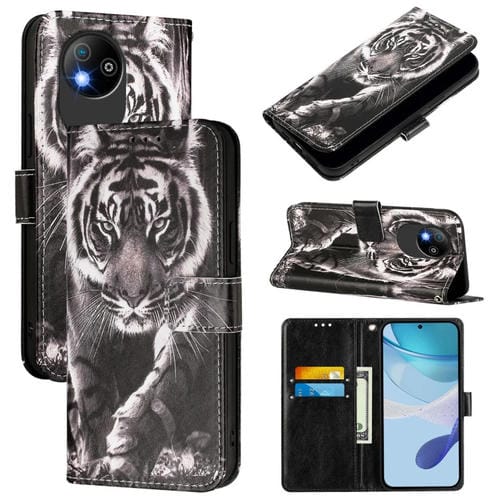 Funda de Cuero para ZTE Blade A35 Lite/A35 Core con Diseño Tigre (Blanco y Negro)