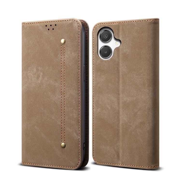 Funda de cuero con tapa horizontal y textura vaquera para Samsung Galaxy A07 4G (caqui)
