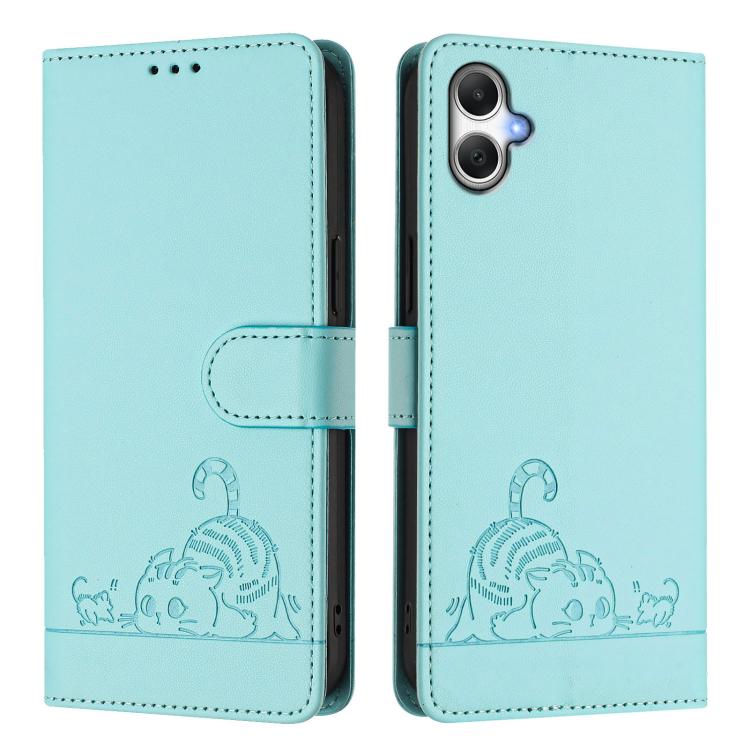Funda de cuero RFID con estampado de gato y rata para Samsung Galaxy A07 4G, con cordón (verde menta)