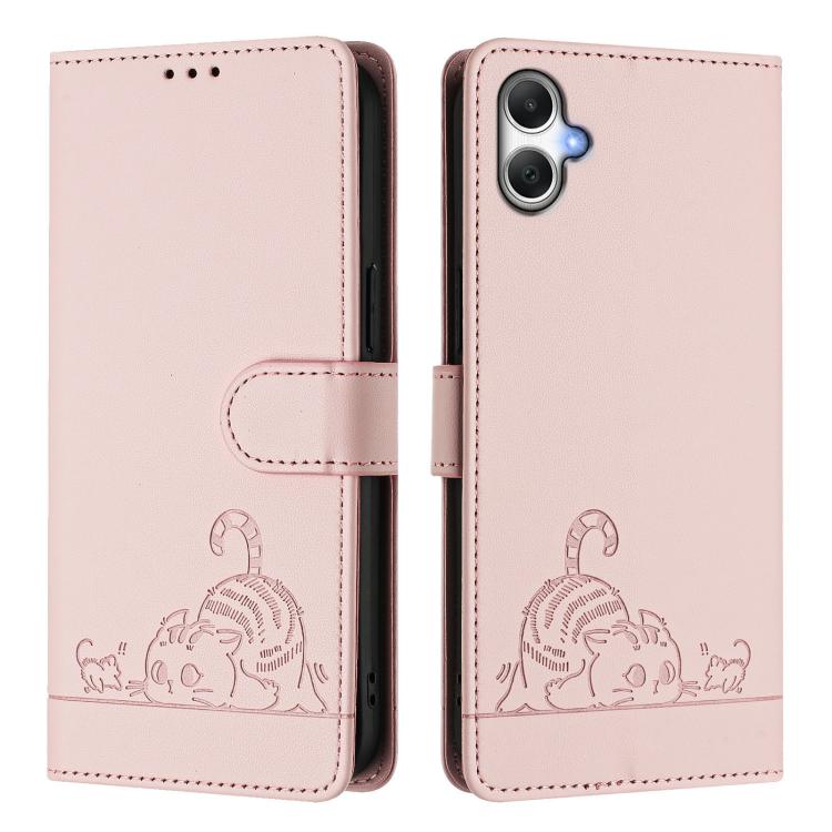 Funda de cuero RFID con estampado de gato y rata para Samsung Galaxy A07 4G, con cordón (rosa)