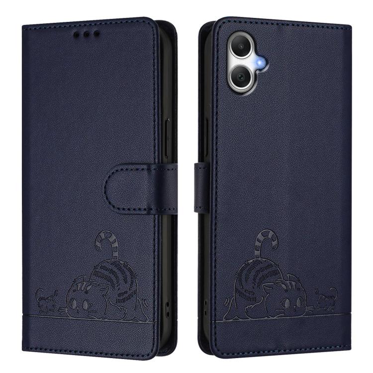 Funda de cuero RFID con estampado de gato y rata para Samsung Galaxy A07 4G, con cordón (azul)