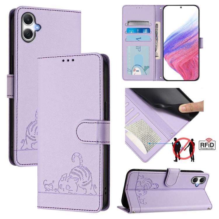 Funda de cuero RFID con estampado de gato y rata para Samsung Galaxy A07 4G, con cordón (morado)