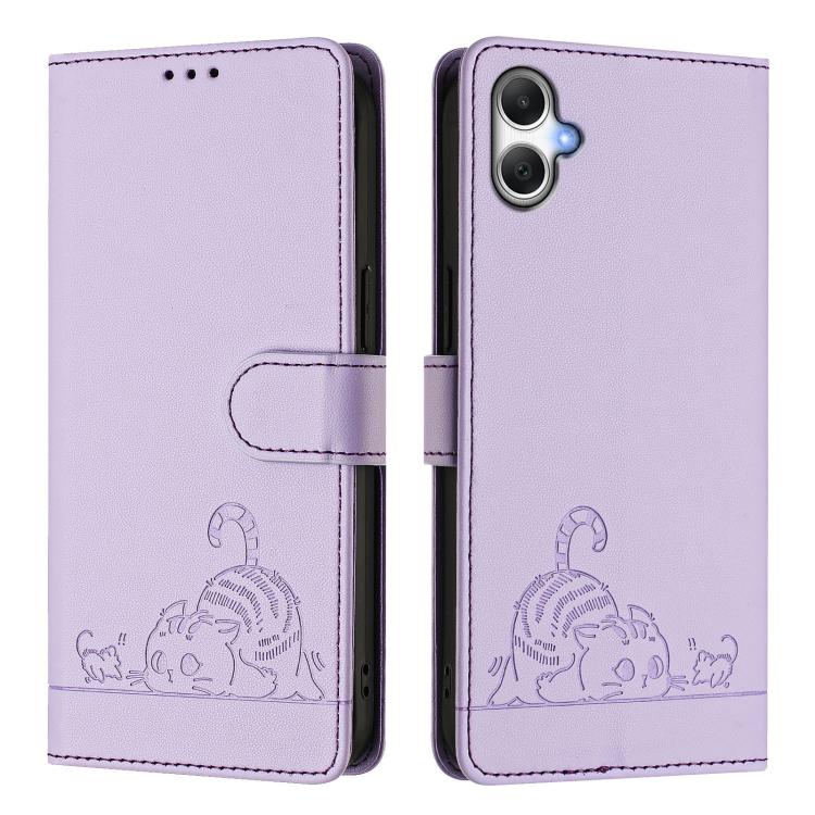 Funda de cuero RFID con estampado de gato y rata para Samsung Galaxy A07 4G, con cordón (morado)