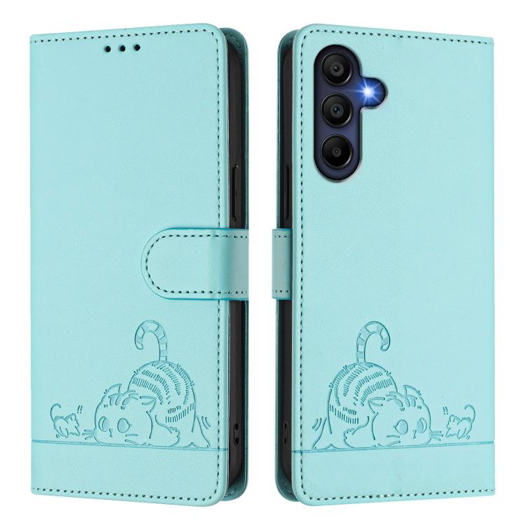 Funda de cuero RFID con estampado de gato y rata para Samsung Galaxy A17 5G, con cordón (verde menta)