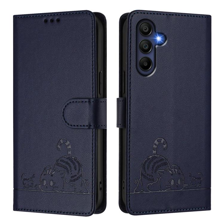 Funda de cuero RFID con estampado de gato y rata para Samsung Galaxy A17 5G, con cordón (azul)