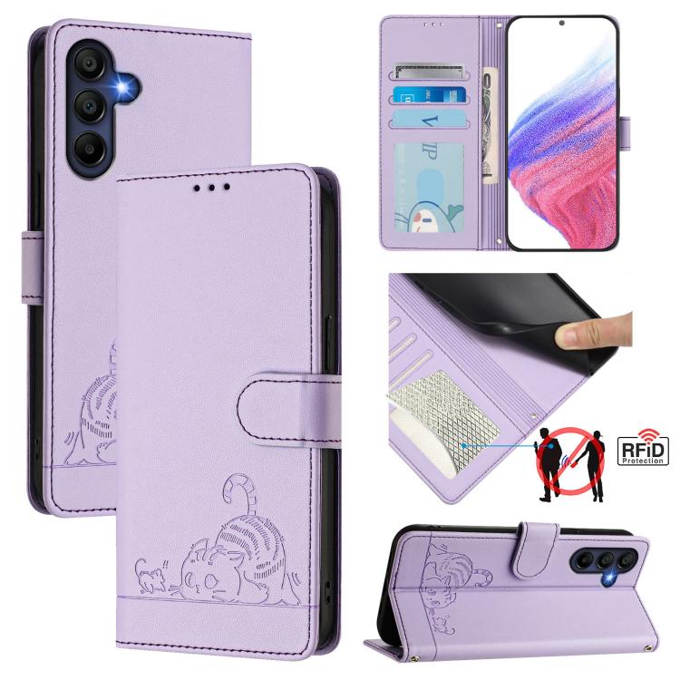 Funda de cuero RFID con estampado de gato y rata para Samsung Galaxy A17 5G, con cordón (morado)