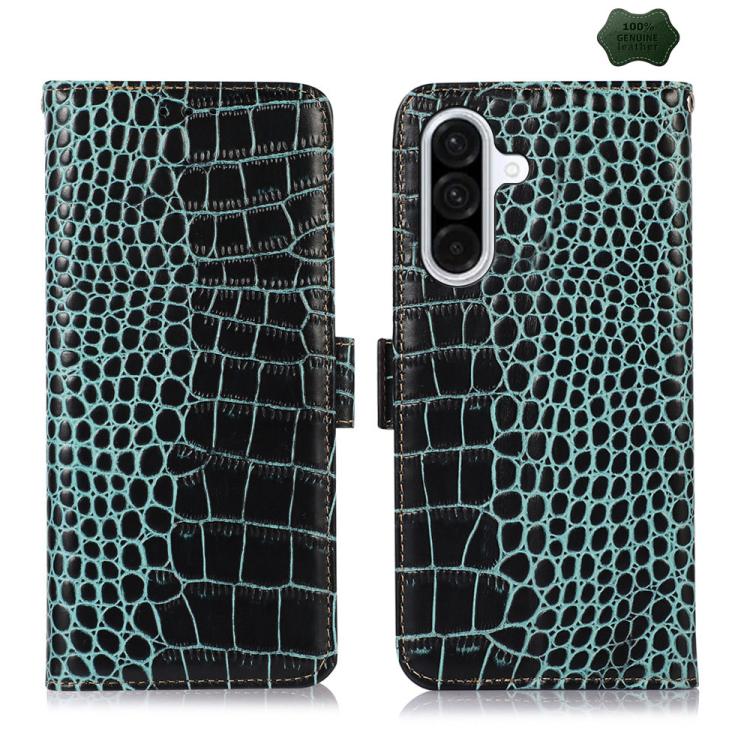 Funda de piel de vacuno con capa superior de cocodrilo para Samsung Galaxy A17 5G (verde)