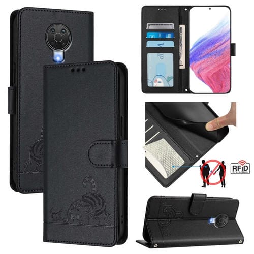 Funda de Cuero Rfid para Nokia G20/G10 con Relieve de Rata y Gato y Cordón (Negro)