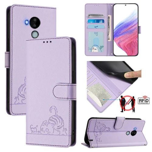 Funda de Cuero Rfid para Nokia C30 con Relieve de Rata y Gato y Cordón (Morado)