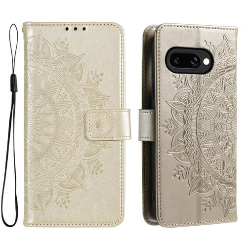 Funda de Cuero con Estampado Floral y Cordón para Google Pixel 9A (Dorada)