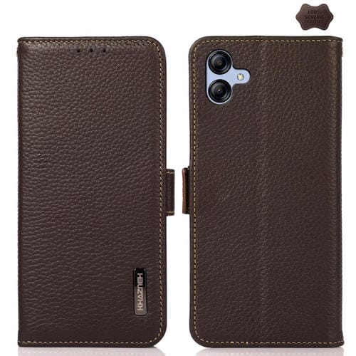 Funda de cuero genuino KHAZNEH con imán lateral y RFID para Samsung Galaxy A07 5G (marrón)