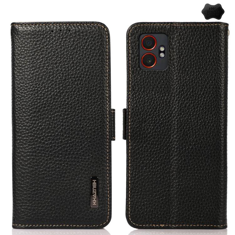 Funda de cuero genuino KHAZNEH con imán lateral RFID para Samsung Galaxy XCover7 Pro (negro)