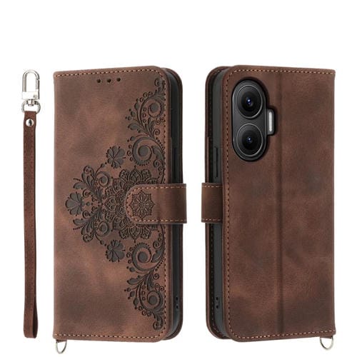 Funda de cuero con relieve de flores para Redmi Turbo 4 Pro / Xiaomi Poco F7 (marrón)