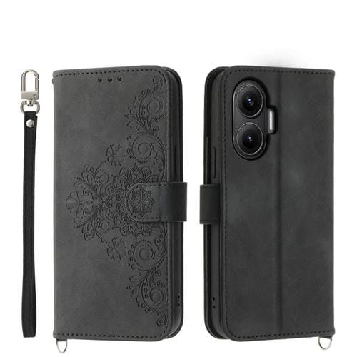 Funda de cuero con relieve floral para Redmi Turbo 4 Pro y Xiaomi Poco F7 (negro)
