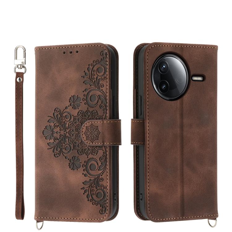Funda de cuero con relieve de flores para Redmi K80/K80 Pro (marrón)