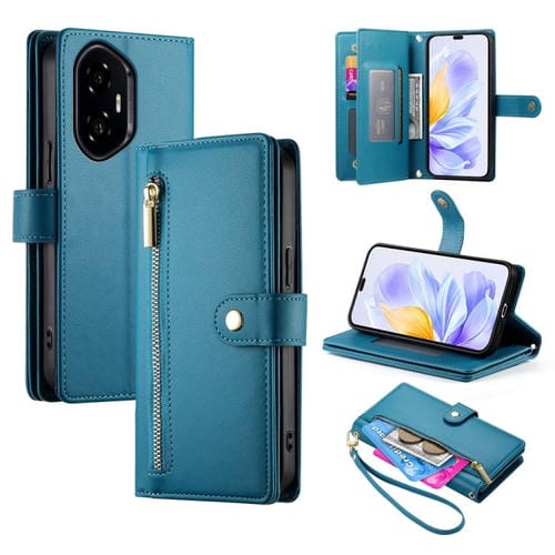 Funda de Cuero para Honor 300 Pro y 300 Ultra con 9 Ranuras para Tarjetas y Cremallera (Azul)